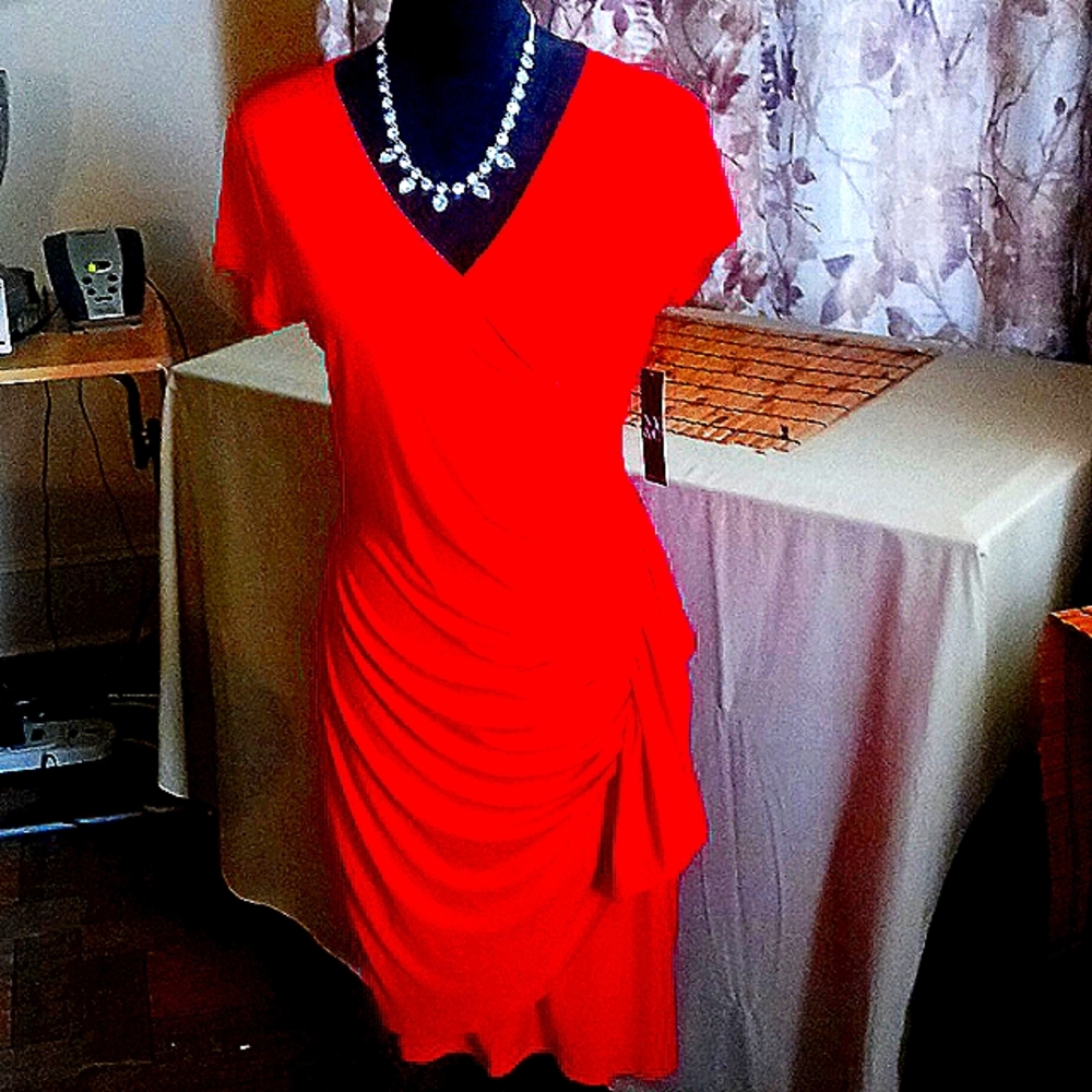 New York & Company Red Ruched Asymmetrical Dress